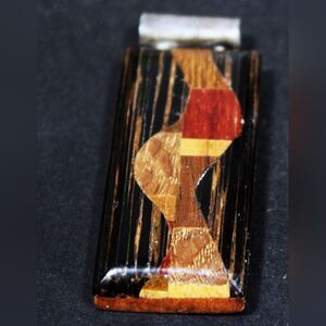 Vintage 70s Sterling Silver Wood Inlay Pendant Signed Artisan